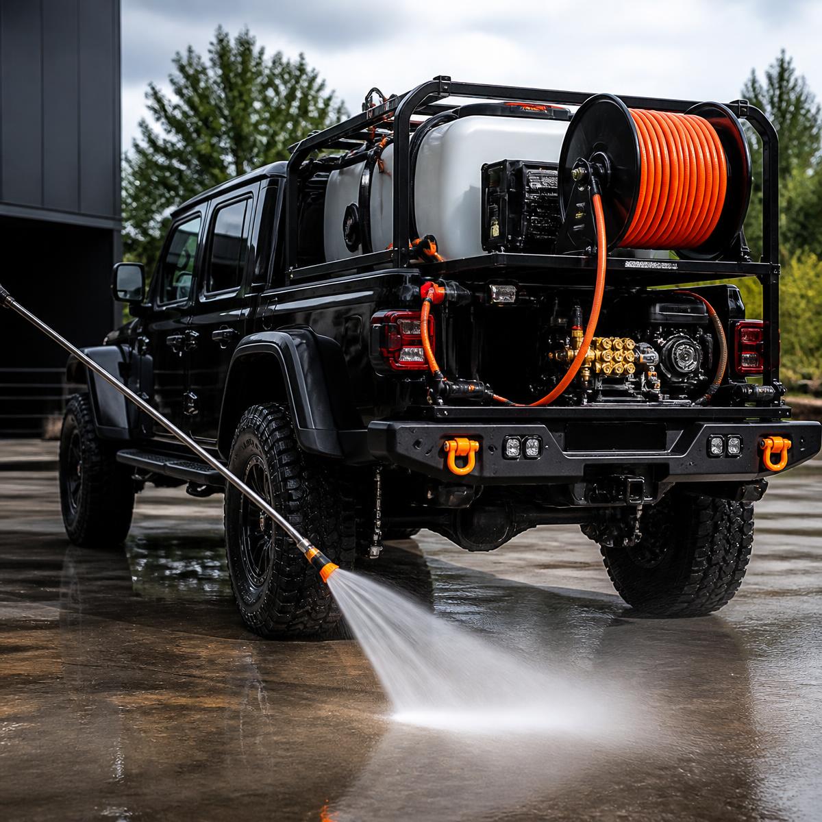 Power washer nozzle blasting away grime from a concrete surface